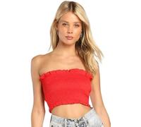 Pretty Attitude Womens Ruched Sheering Shirred Gather Smoken Strapless Boobtube Bandeau Crop Top (Red, 8-10)