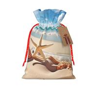 Pretty Beach And Seashell In Blue Sky Christmas Drawstring Gift Bags Reusable Christmas Wrapping Bag W/Tags 8.3x11.8 Inch Xmas Treat Pouch Goody Bags Candy Treat Bag For Xmas Holiday Presents Party