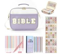 Pretty Bible Bag for Women - Floral Chenille Letter Design, Bibles Quilted Carrying Tote Bags with Shoulder Strap, 75 Chapter Positioning Tags, 12 Highlighters and 6 Colored Pens
