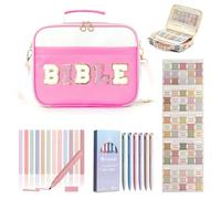 Pretty Bible Bag for Women - Floral Chenille Letter Design, Bibles Quilted Carrying Tote Bags with Shoulder Strap, 75 Chapter Positioning Tags, 12 Highlighters and 6 Colored Pens