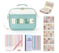 Pretty Bible Bag for Women - Floral Chenille Letter Design, Bibles Quilted Carrying Tote Bags with Shoulder Strap, 75 Chapter Positioning Tags, 12 Highlighters and 6 Colored Pens