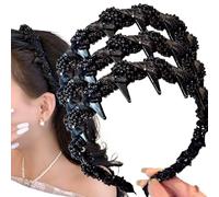 Pretty Black Beaded Everyday Headband, Elegant Headbands for Women, Vintage High Cranium Bling Headbands, Plastic Non Slip Hair Bands for Thin Hair - Wedding, Party, Makeup(3pcs)