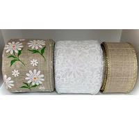 Pretty Burlap and Daisy Designer Ribbon Bundle - 3 Premium Decorative Ribbons for Bows, Wreaths, Gift Wrapping & Elegant Home Decor. 2.5" and 1.5" Wide, 60 Yds Total.