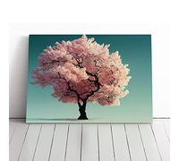 Pretty Cherry Blossom Tree Brown, Teal, Green | Canvas Wall Art Print | Framed & Ready to Hang Picture | Modern Home Decor for Living Room, Bedroom, Kitchen or Office | 30x20 Inches