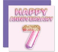 Pretty Copper Anniversary Card for Wife Girlfriend Husband Boyfriend - Pink Purple Glitter Balloons - Happy 7th Anniversary Cards from Family, 145mm Greeting Cards for Anniversaries