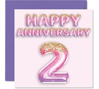 Pretty Cotton Anniversary Card for Wife Girlfriend Husband Boyfriend - Pink Purple Glitter Balloons - Happy 2nd Anniversary Cards from Family, 145mm Greeting Cards for Anniversaries