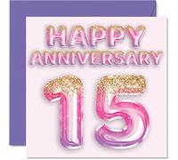 Pretty Crystal Anniversary Card for Wife Girlfriend Husband Boyfriend - Pink Purple Glitter Balloon - Happy 15th Anniversary Cards from Family, 145mm Greeting Cards for Anniversaries