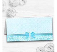 Pretty Floral Vintage Bow Diamante Aqua Sky Blue Wedding Table Name Place Cards