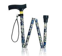 Pretty Flower Folding Walking Stick with Varnished wooden handle - Height Adjustable with FREE wrist strap (mid blue)
