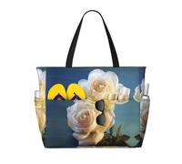 Pretty Flowers Print Large Waterproof Beach Tote Bag for Women with Zip and Pockets Foldable Handbag for Travel Pool Shopping Holiday Gym