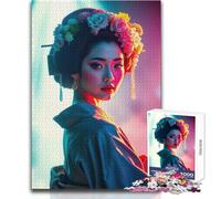 Pretty Geisha in Soft Neon Lights Adult Jigsaw Puzzles1000 Pieces Brain Challenge Learning Game Thoughtful Surprise for Celebrations Size 38x52cm