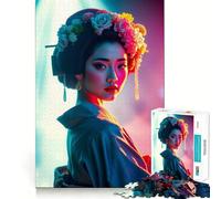Pretty Geisha in Soft Neon Lights Jigsaw Puzzles for Adults 1000 Pieces Brain Challenge Toy Quiet Fun Precise Cut Wall Art Decor (38x52cm)
