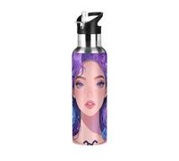 Pretty Girl with Purple Hair Leakproof Insulated Water Bottle with Handle Double-Wall Vacuum Insulation for Home/Office/Travel/Sports/School 32 OZ