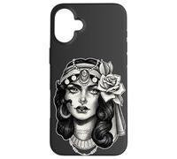 Pretty Girl x Gypsy x Fortune Teller x Rose Blackwork Flash Case for iPhone 16 Plus