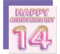 Pretty Ivory Anniversary Card for Wife Girlfriend Husband Boyfriend - Pink Purple Glitter Balloons - Happy 14th Anniversary Cards from Family, 145mm Greeting Cards for Anniversaries