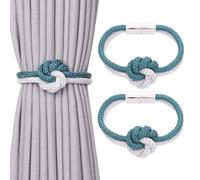 Pretty Jolly 2 Pack Cute Flower Knot Magnetic Curtain Tiebacks Nordic Style Drape Tie Backs Elegant Hand Weave Rope Decorative Curtain Holdbacks for Home & Office Window Drapery (Teal & White)