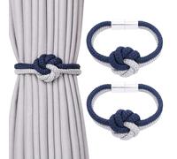 Pretty Jolly 2 Pack Cute Flower Knot Magnetic Curtain Tiebacks Nordic Style Drape Tie Backs Elegant Hand Weave Rope Decorative Curtain Holdbacks for Home & Office Window Drapery (Dark Blue & Grey)