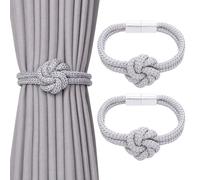 Pretty Jolly 2 Pack Cute Flower Knot Magnetic Curtain Tiebacks Nordic Style Drape Tie Backs Elegant Hand Weave Rope Decorative Curtain Holdbacks for Home & Office Window Drapery (Silver Grey)