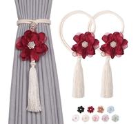 Pretty Jolly 2 Pack Cute Flowers Tassel Curtain Tiebacks Handmade Braided Rope Drape Tie Backs Natural Rustic Style Decorative Curtain Holdbacks for Home & Office Window Drapery (Red)