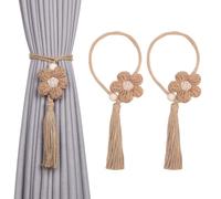 Pretty Jolly 2 Pack Cute Flowers Tassel Curtain Tiebacks Handmade Braided Rope Drape Tie Backs Natural Rustic Style Decorative Curtain Holdbacks for Home & Office Window Drapery (C-Coffee)