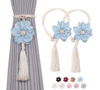 Pretty Jolly 2 Pack Cute Flowers Tassel Curtain Tiebacks Handmade Braided Rope Drape Tie Backs Natural Rustic Style Decorative Curtain Holdbacks for Home & Office Window Drapery (Light Blue)