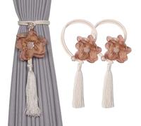 Pretty Jolly 2 Pack Cute Flowers Tassel Curtain Tiebacks Handmade Braided Rope Drape Tie Backs Natural Rustic Style Decorative Curtain Holdbacks for Home & Office Window Drapery (Coffee)
