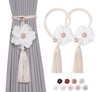 Pretty Jolly 2 Pack Cute Flowers Tassel Curtain Tiebacks Handmade Braided Rope Drape Tie Backs Natural Rustic Style Decorative Curtain Holdbacks for Home & Office Window Drapery (White)