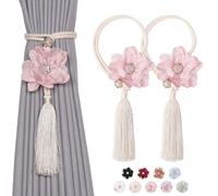 Pretty Jolly 2 Pack Cute Flowers Tassel Curtain Tiebacks Handmade Braided Rope Drape Tie Backs Natural Rustic Style Decorative Curtain Holdbacks for Home & Office Window Drapery (Peach)