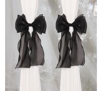 Pretty Jolly 2 Pack French Silky Bow Curtain Tiebacks Elegant Lace Ribbon Decorative Drape Tie Backs Coquette Handmade Butterfly Knot Curtain Holdbacks for Home Wedding Window Drapery Decor (Black)