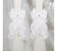 Pretty Jolly 2 Pack French Silky Bow Curtain Tiebacks Elegant Lace Ribbon Decorative Drape Tie Backs Double Layer Handmade Butterfly Knot Curtain Holdbacks for Home Wedding Window Drapery (White)