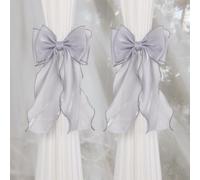 Pretty Jolly 2 Pack French Silky Bow Curtain Tiebacks Elegant Lace Ribbon Decorative Drape Tie Backs Coquette Handmade Butterfly Knot Curtain Holdbacks for Home Wedding Window Drapery Decor (Grey)