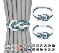 Pretty Jolly 2 Pack Mini Magnetic Curtain Tiebacks Nordic Simple Style Drape Tie Backs Elegant Hand Weave Rope Knot Decorative Curtain Holdbacks for Home & Office Window Drapery (Teal & White)