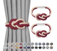Pretty Jolly 2 Pack Mini Magnetic Curtain Tiebacks Nordic Simple Style Drape Tie Backs Elegant Hand Weave Rope Knot Decorative Curtain Holdbacks for Home & Office Window Drapery (Wine Red & Beige)