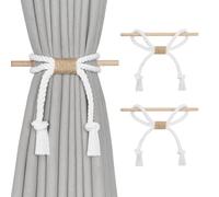 Pretty Jolly 2 Pack Natural Cotton Rope Curtain Tiebacks Boho Rustic Style Decorative Drape Tie Backs Farmhouse Hand-Woven Curtain Holdbacks with Wood Club for Home Office Drapery (Cotton knot-White)