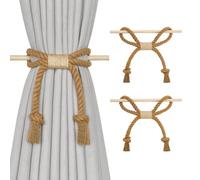 Pretty Jolly 2 Pack Natural Cotton Rope Curtain Tiebacks Boho Rustic Style Decorative Drape Tie Backs Farmhouse Hand-Woven Curtain Holdbacks with Wood Club for Home Office Drapery (Cotton knot-Khaki)