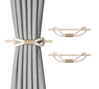 Pretty Jolly 2 Pack Natural Cotton Rope Curtain Tiebacks Boho Rustic Style Decorative Drape Tie Backs Farmhouse Hand-Woven Curtain Holdbacks with Wood Club for Home & Office Drapery (Cotton rope)