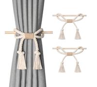 Pretty Jolly 2 Pack Natural Cotton Rope Curtain Tiebacks Boho Rustic Style Decorative Drape Tie Backs Farmhouse Hand-Woven Curtain Holdbacks with Wood Club for Home Office Drapery (Cotton knot-Beige)
