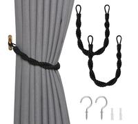 Pretty Jolly 2 Pack Natural Cotton Rope Curtain Tiebacks Elegant Boho Style Decor Drape Tie Backs Soft Hand-Woven Double Rope Curtain Holdbacks with Metal Hook for Home & Office Drapery (Black)