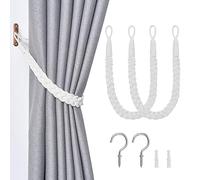 Pretty Jolly 2 Pack Natural Cotton Rope Curtain Tiebacks Elegant Boho Style Decorative Drape Tie Backs Soft Hand-Woven Rope Curtain Holdbacks with Metal Hook for Home & Office Drapery (White)