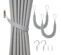 Pretty Jolly 2 Pack Natural Cotton Rope Curtain Tiebacks Elegant Grid Style Decorative Drape Tie Backs Soft Hand-Woven Rope Curtain Holdbacks with Metal Hook for Home & Office Drapery (Blue-grey-G)