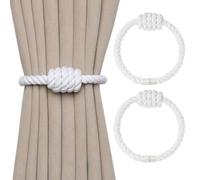 Pretty Jolly 2 Pack Natural Cotton Rope Magnetic Curtain Tiebacks Boho Style Drape Tie Backs Elegant Hand Weave Rope Knot Decorative Curtain Holdbacks for Home & Office Window Drapery (White)