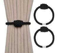 Pretty Jolly 2 Pack Natural Cotton Rope Magnetic Curtain Tiebacks Boho Style Drape Tie Backs Elegant Hand Weave Rope Knot Decorative Curtain Holdbacks for Home & Office Window Drapery (Black)