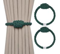 Pretty Jolly 2 Pack Natural Cotton Rope Magnetic Curtain Tiebacks Boho Style Drape Tie Backs Elegant Hand Weave Rope Knot Decorative Curtain Holdbacks for Home & Office Window Drapery (Dark Green)