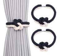 Pretty Jolly 2 Pack Natural Cotton Rope Magnetic Curtain Tiebacks Elegant Knot Decor Drape Tie Backs Boho Soft Hand Weave Rope Curtain Holdbacks for Home & Office Window Drapery (Dark Blue & Beige)