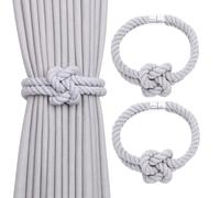 Pretty Jolly 2 Pack Natural Cotton Rope Magnetic Curtain Tiebacks Elegant Knot Decor Drape Tie Backs Boho Style Soft Hand Weave Rope Curtain Holdbacks for Home & Office Window Drapery (Light Grey)