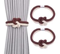 Pretty Jolly 2 Pack Natural Cotton Rope Magnetic Curtain Tiebacks Elegant Knot Decor Drape Tie Backs Boho Soft Hand Weave Rope Curtain Holdbacks for Home & Office Window Drapery (Coffee & Beige)