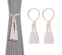 Pretty Jolly 2 Pack Natural Cotton Rope Tassel Curtain Tiebacks Boho Style Decorative Drape Tie Backs Elegant Wooden Beads Curtain Holdbacks for Home & Office Window Drapery (Wooden bead-E)