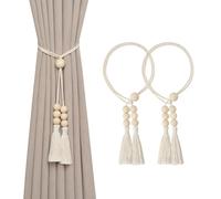 Pretty Jolly 2 Pack Natural Cotton Rope Tassel Curtain Tiebacks Boho Style Decorative Drape Tie Backs Elegant Wooden Beads Curtain Holdbacks for Home & Office Window Drapery (Wooden bead-A)