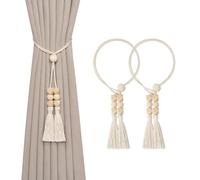Pretty Jolly 2 Pack Natural Cotton Rope Tassel Curtain Tiebacks Boho Style Decorative Drape Tie Backs Elegant Wooden Beads Curtain Holdbacks for Home & Office Window Drapery (Wooden bead-C)