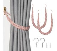 Pretty Jolly 2 Pack Natural Jute Rope Curtain Tiebacks Boho Rustic Style Decorative Drape Tie Backs Elegant Hand-Woven Rope Curtain Holdbacks with Metal Hook for Home & Office Drapery (Jute-Pink)